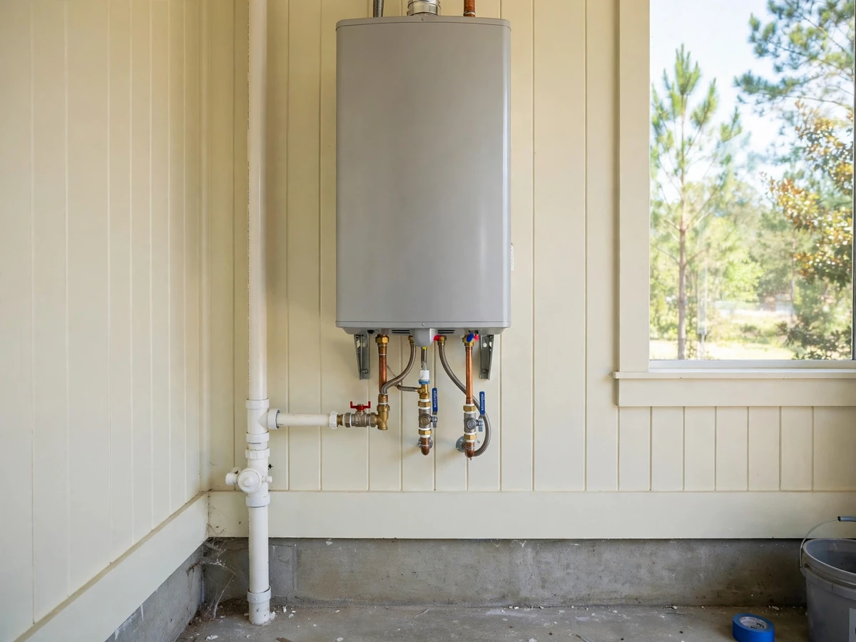 Tankless water heater being serviced in Towne Lake, GA